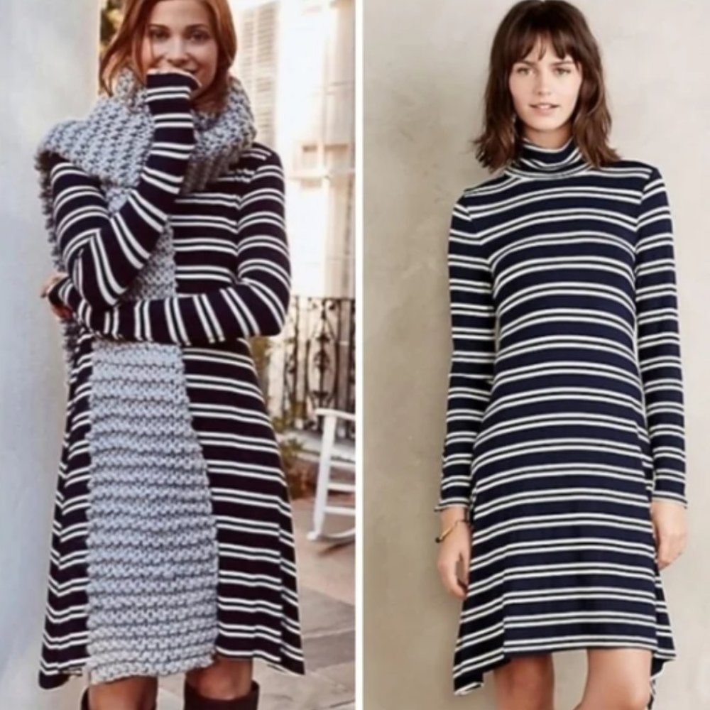 Anthropologie Maeve Navy Blue Striped Turtleneck Jersey Swing Dress
